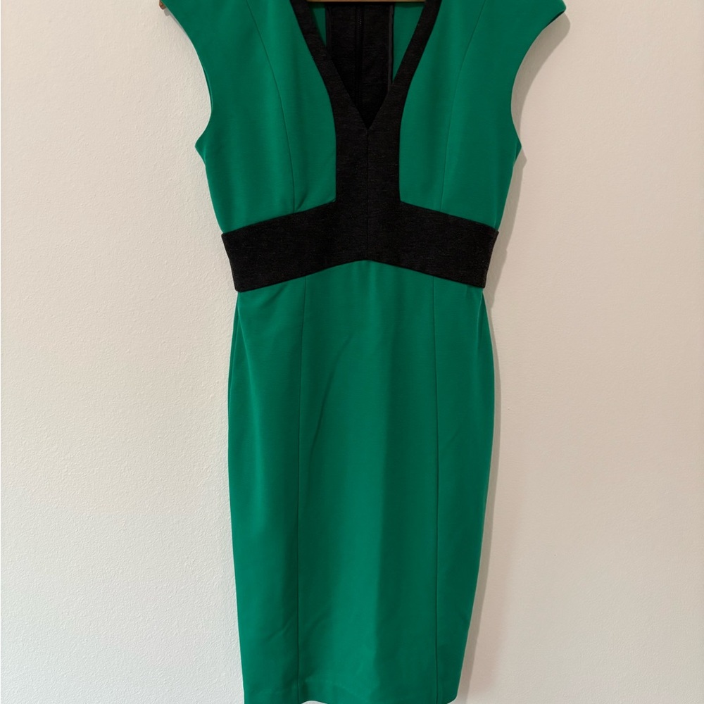 Narciso Rodriguez Green and Black Sheath Dress V-Neck Midi